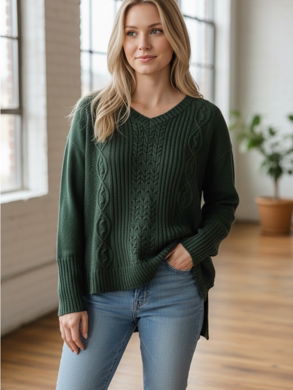 Soma Dark Green Cable Knit V-Neck Sweater